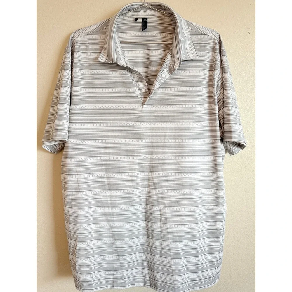 Adidas‎ Polo Shirt Men XL Grey Primegreen Striped Golf Performance GM0235